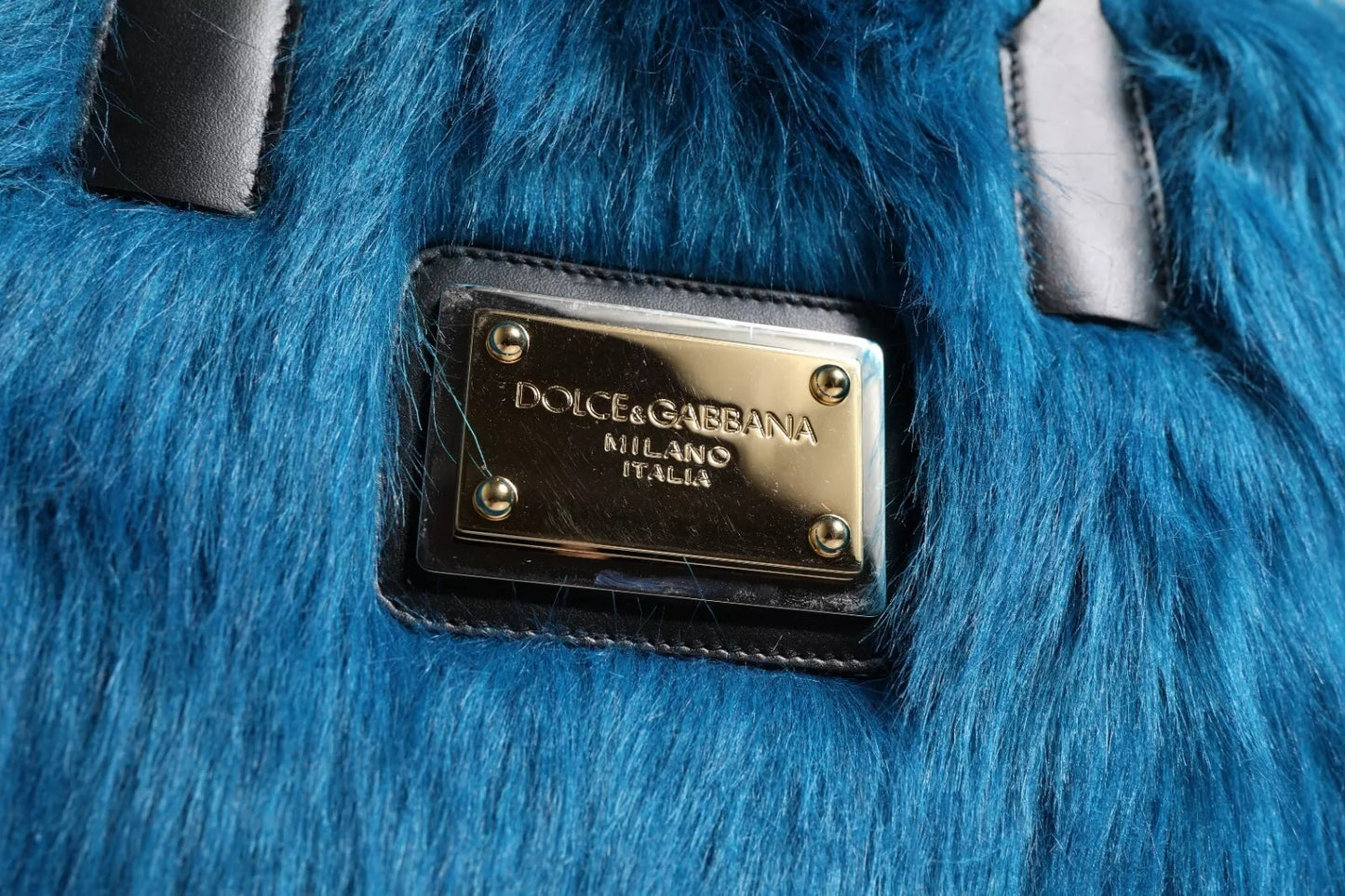 Dolce and Gabbana Blue Fur Logo Plaque Double Handle Shoulder Bag