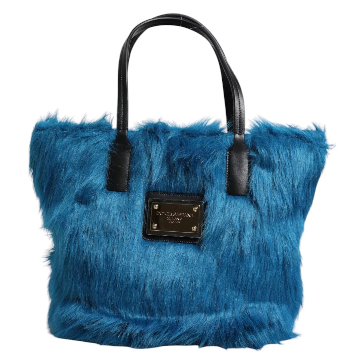 Dolce and Gabbana Blue Fur Logo Plaque Double Handle Shoulder Bag