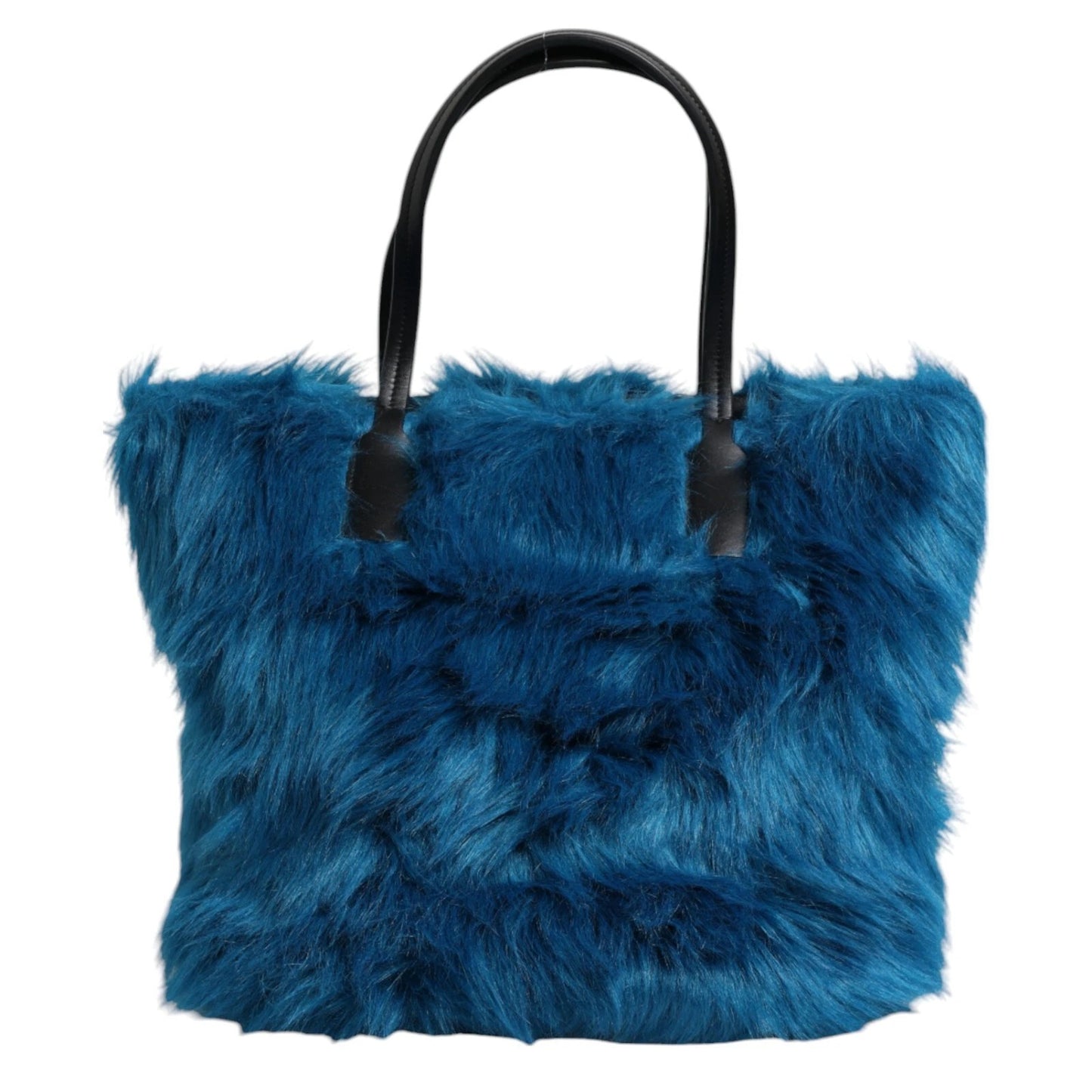 Dolce and Gabbana Blue Fur Logo Plaque Double Handle Shoulder Bag