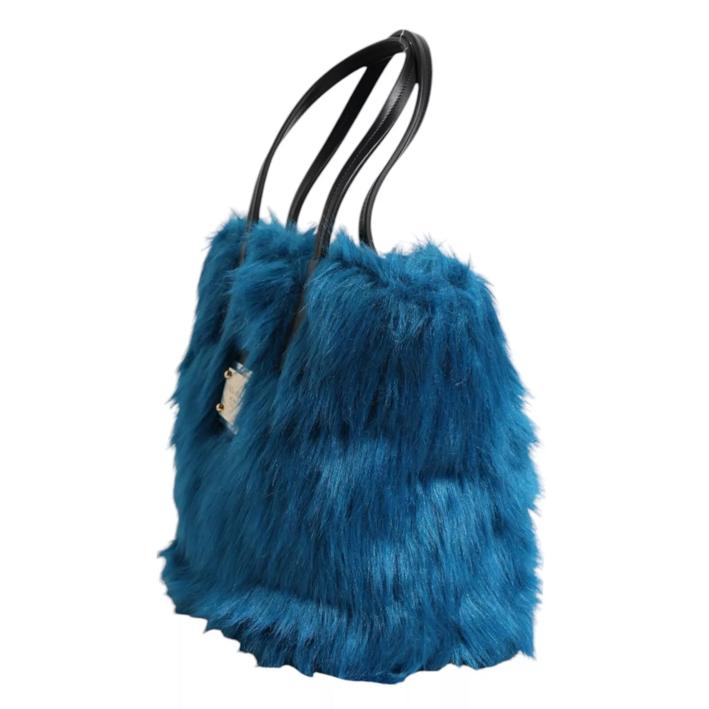 Dolce and Gabbana Blue Fur Logo Plaque Double Handle Shoulder Bag