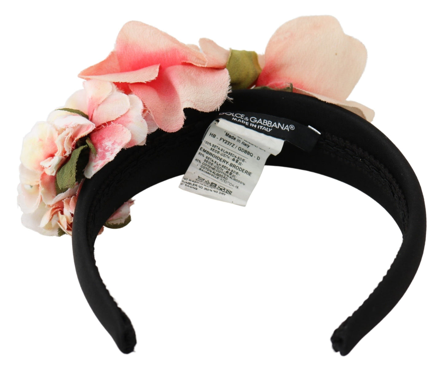Dolce & Gabbana Pink Silk Black Floral Headband Logo Diadem