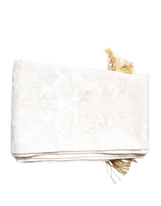 Dolce & Gabbana White Floral Jacquard Skinny Fringes Scarf