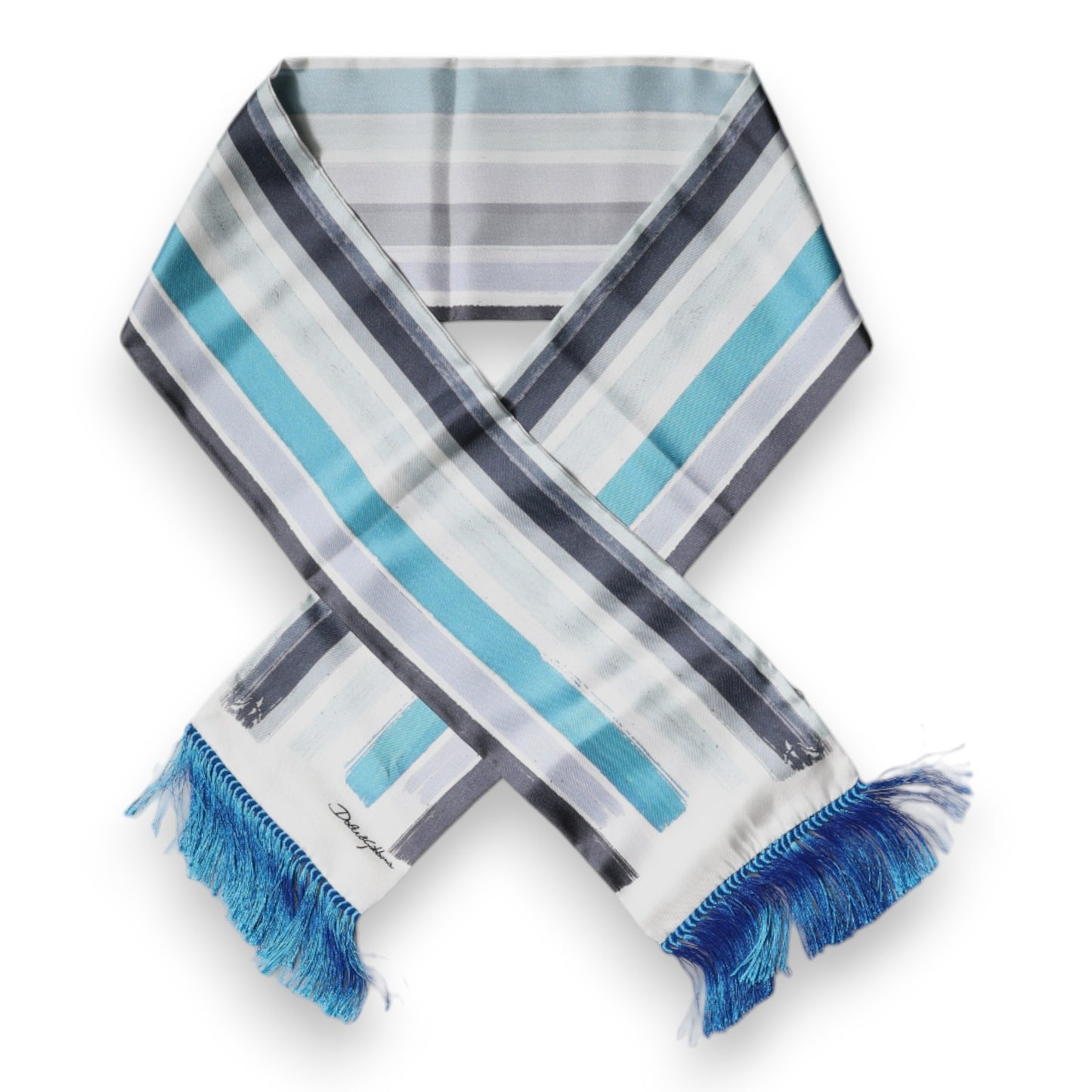 Dolce & Gabbana White Blue Stripes Silk Fringes Wrap Scarf