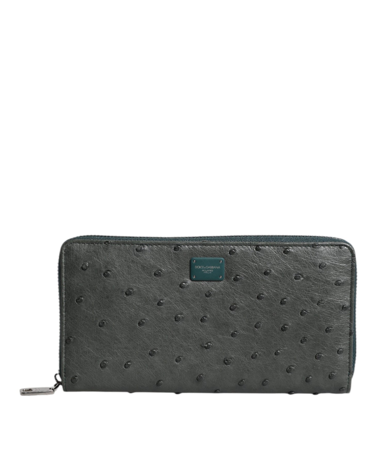 Dolce & Gabbana Green Ostrich Logo Plaque Zip Around Continental Wallet