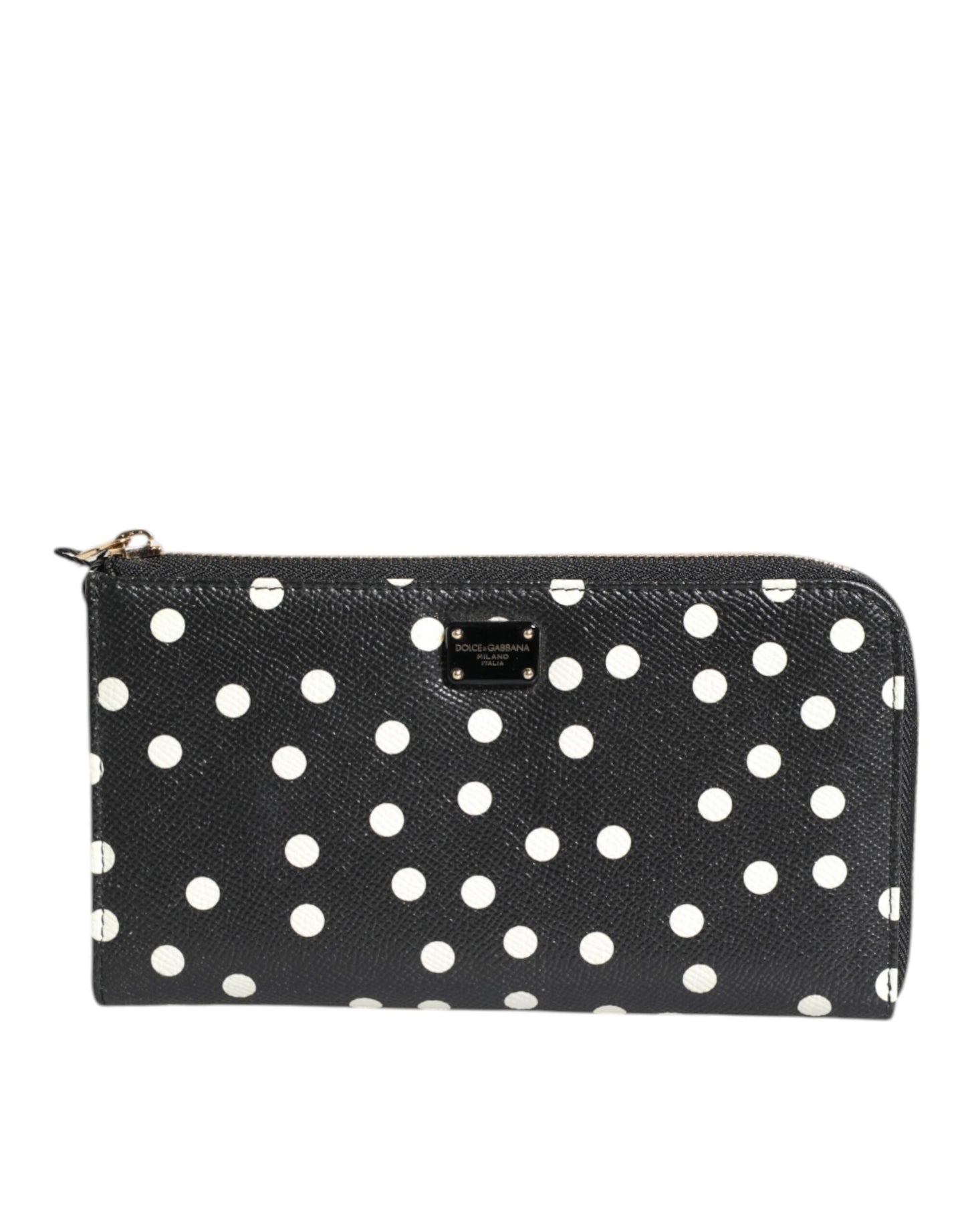 Dolce & Gabbana Black White Dotted Leather Zip Around Continental Wallet