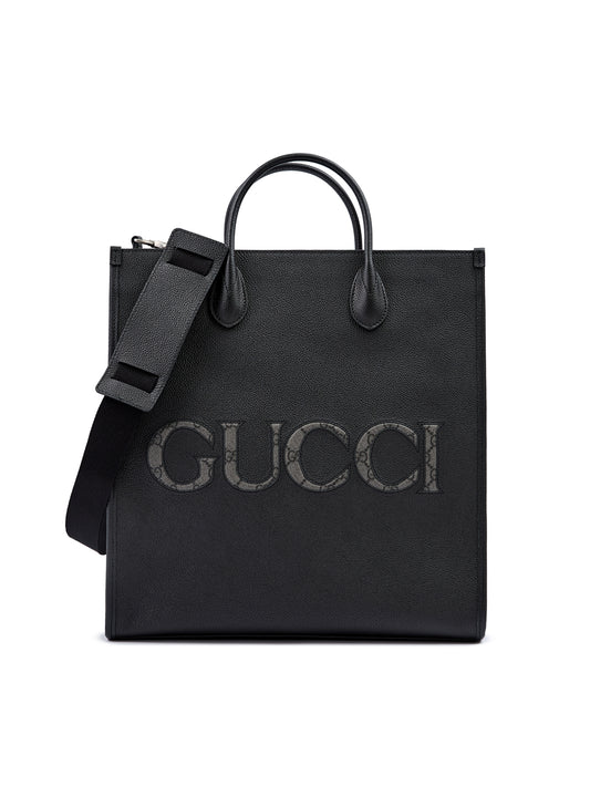 Gucci-Black Leather Logo Medium Tote Bag