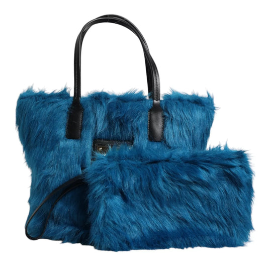Dolce and Gabbana Blue Fur Logo Plaque Double Handle Shoulder Bag